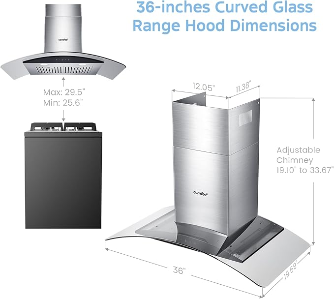 COMFEE' Curved Glass Range Hood 36 Inch 450 CFM 3 Speed Gesture Sensing &Touch Control Panel Stainless Steel Kitchen Ductless/Ducted Convertible with Baffle Filters and 2 LED Lights (CVG36W9AST)