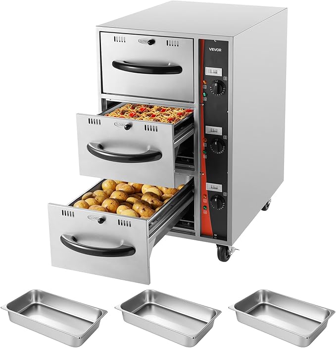VEVOR Commercial Electric Drawer Warmer, Three-Drawer Stainless Steel Food Warmer, Freestanding Compact Warming Drawer Cabinet, 85°F–185°F Wide Temperature Range, for Restaurant, Hotel Buffet & Bakery