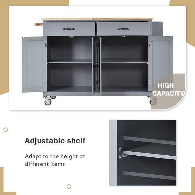 Favfurish Kitchen Island Cart on Locking Wheels with 4 Cabinet and 2 Drawers, Rolling Coffee Bar Trolley w/Solid Wood Tabletop, Adjustable Shelves, Spice & Towel Side Rack, for Dining Room, Gray