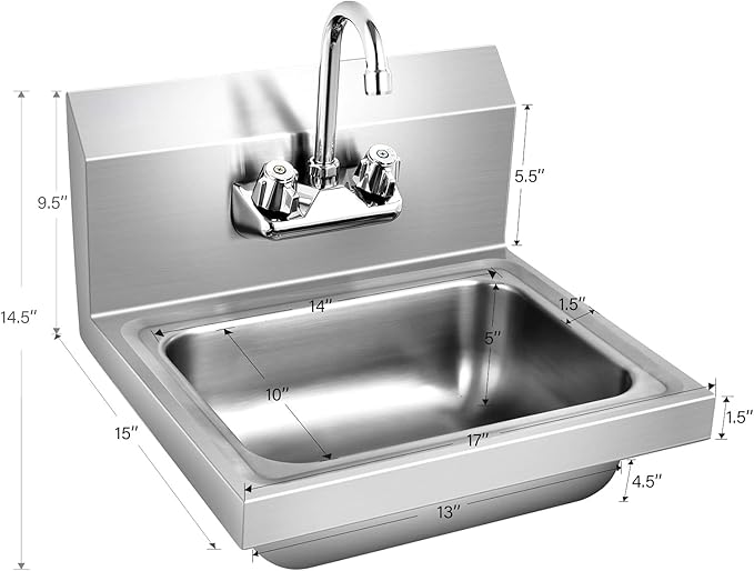 Giantex Stainless Steel Hand Washing Sink, Commercial Sink with Faucet, Strainer, Back Splash, Commercial Wall Mount Hand Basin for Restraunt, Bar, Store, 17" x 15"