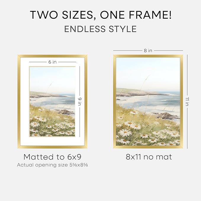 Homeforia 8x11 Picture Frame Gold, High End Metal 8 x 11 Poster Frames with Mat 6 by 9 for Photo, 11x8 Frame Matted to 6x9 inch Print, 8by11 Wall or Tabletop Frames, Tempered Glass, Wall Kit, Set of 3