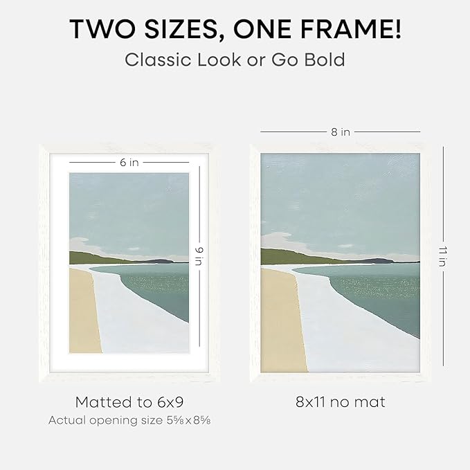 Homeforia 8x11 Picture Frame White, High End Oak 8 x 11 Wood Frames with Mat 6 by 9 Print, 8by11 Wooden Frame Matted to 6x9 inch Photo, 11x8 Wall or Tabletop Frames, Tempered Glass, Wall Kit, Set of 2