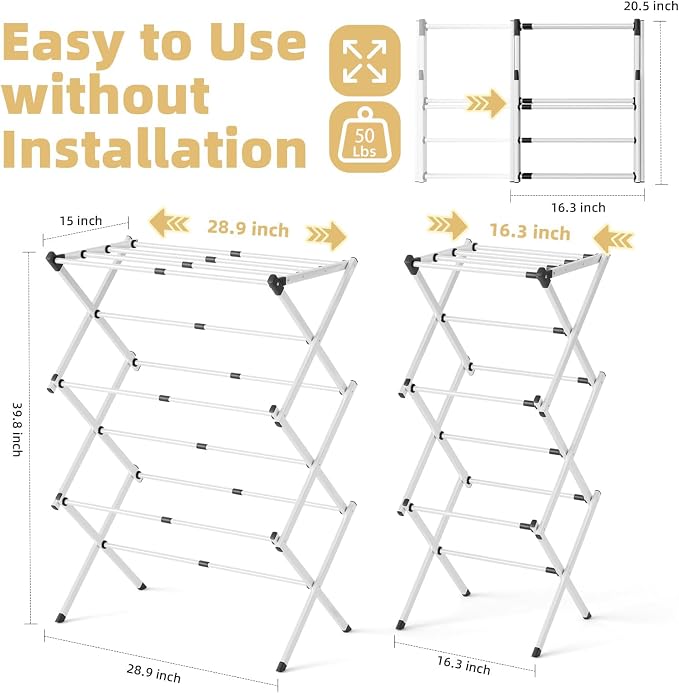 BAKON Space Saving Foldable Clothes Drying Rack, Extendable Rustproof Laundry - Image 2