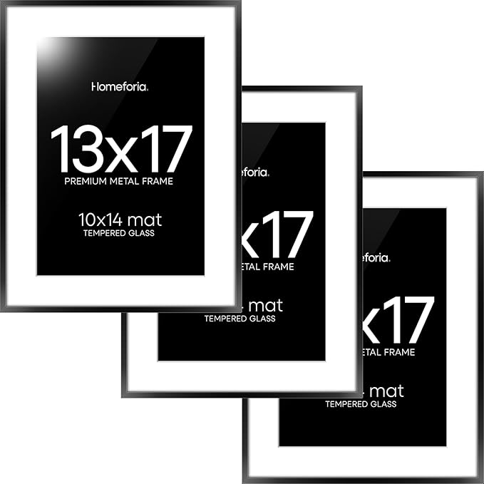 Homeforia 13x17 Picture Frame Black, High End Metal 13x17 Poster Frames with Mat 10x14 for Photo, 13 x 17 Black Frame Matted to 10 x 14 inch Print, 17x13 Thin Frame, Tempered Glass, Wall Kit, Set of 3