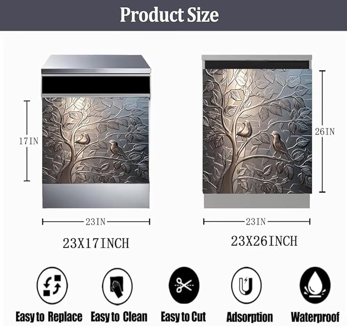 Stainless Steel Bird Dishwasher Magnet Cover - Kitchen Decorative Silver Dishwasher Cover Fridge Panel Decal, Magnetic Refrigerator Sticker Front Door Decals, Magnetic 23"X17"