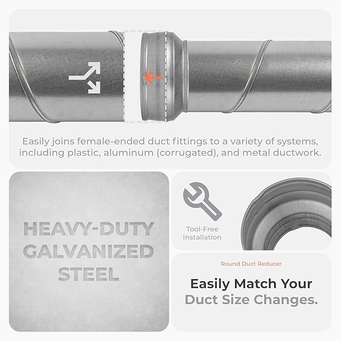 8" to 6" Inch Round Duct Reducer - Galvanized Steel Pipe Increaser - Coupling for Round Duct Ventilation Systems - Heating & Cooling, HVAC