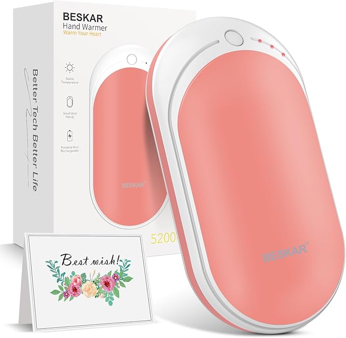 BESKAR Rechargeable Hand Warmer, 5200mAh Electric Hand Heater, Double-Sided Heating, USB Quick Charge, Portable Pocket Hand Warmer for Outdoor, Golf, Raynauds - Winter Gift