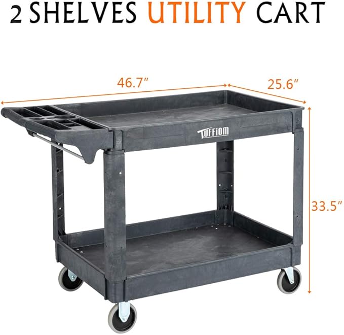 TUFFIOM Plastic Service Utility Cart with Wheels, 550lbs Capacity, Heavy Duty Tub W/Deep Shelves, Multipurpose Rolling Extra Large 2-Tier Mobile Storage Organizer, Warehouse Garage Industrial Cart