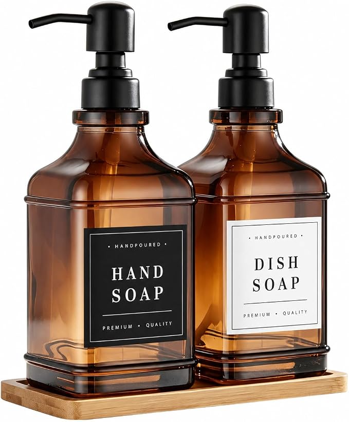 Amber Glass Soap Dispesner Set 2 16.9oz Kitchen Sink Luxury Bathroom Decor | by modunfulbathroom