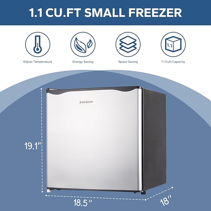 BANGSON Upright Freezer,1.1Cu.ft Mini Freezer with Removable Shelf, Single Door Compact Freezer for Home, Kitchen, Office, Apartment(Silver)