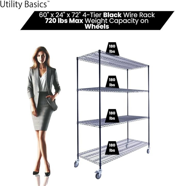NSF Commercial 4-Tier Wire Shelving with Wheels, 60"x24"x72" Heavy Duty Metal Shelves 3200 lbs Max Capacity, Black Storage Rack for Garage Kitchen Pantry Warehouse