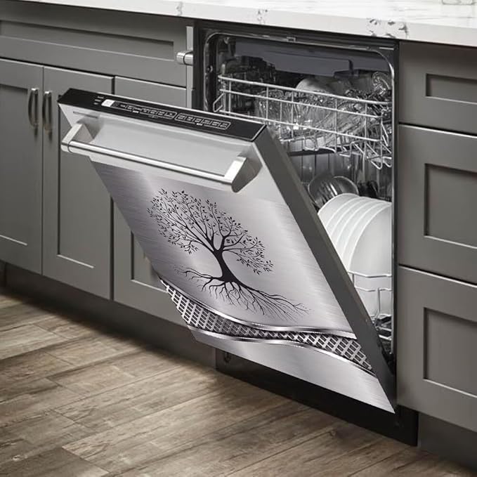 Imitation Stainless Steel Design Tree Painting Magnetic Dishwasher Cover Sticker,Kitchen Decor Magnet Cabinet Fridge Panel Decal Sticker 23W x 26H inchs