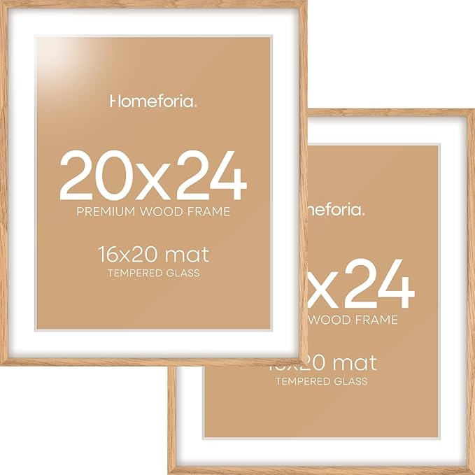 Homeforia 20x24 Picture Frame Wood, High End Natural Oak 20x24 Frame Matted to 16x20 Photo, 20 x 24 Light Wooden Poster Frames with Mat 16 by 20, 24by20 Thin Frames, Tempered Glass, Wall Kit, Set of 2