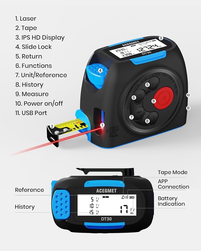 ACEGMET 3-in-1 Digital Tape Measure, 130ft Laser Distance Meter and 16ft - Image 7