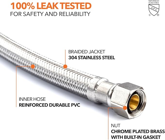 Stainless Steel Braided Water Connectors with Reinforced PVC Inner Hose for Faucets, 3/8" Compression x 3/8" Compression, 20" Length (5Pack)