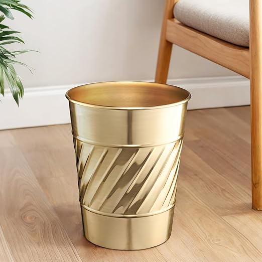 Monarch Abode Metal Bathroom Trash Can – Waste Basket for Bedroom, Office Desk, & Dorm, Handcrafted Wave Embossed, Durable Decorative Brushed Gold Small Trash Can Bathroom Garbage Bin Wastebasket