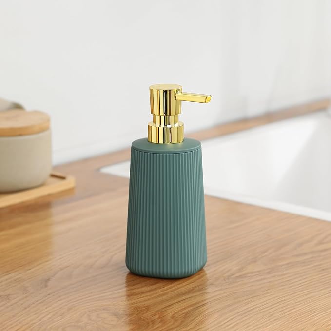 YAUKPH Small Soap Dispenser for Bathroom and Kitchen Matte Green and Gold | - Image 5
