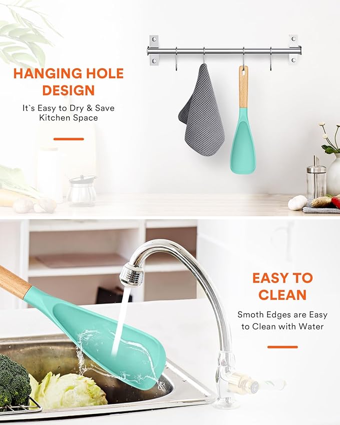 Cooking Spoon for Nonstick Cookwares, Great for Cooking and Serving Sturdy BPA-Free Matte Silicone, Wood Handle Spoon for Mixing, Scoop, and Scrape (GREEN, 11.4 inch)