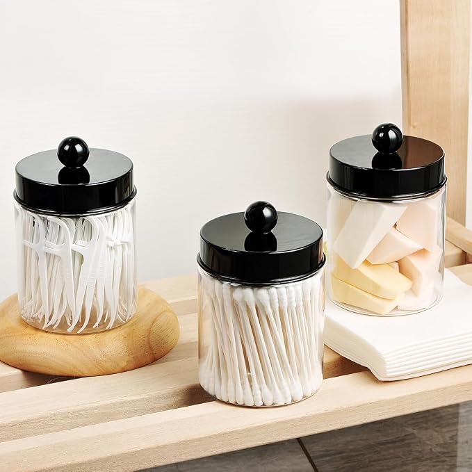 Amolliar Acrylic Apothecary Jar Bathroom Qtip Holder Black 2 Pack - Image 2