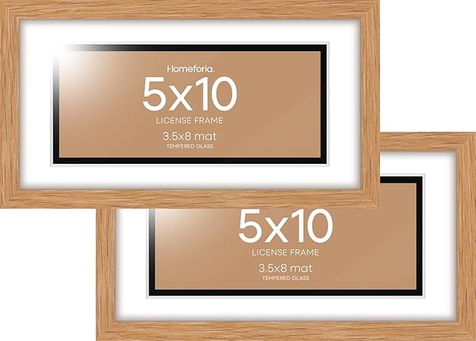Homeforia 5x10 Business License Frame Wood, High End Natural Oak 5 x 10 Document Certificate Frames with Mat 4x9 inch, 10x5 Light Wooden Frames for Wall or Tabletop, Tempered Glass, Wall Kit, Set of 2
