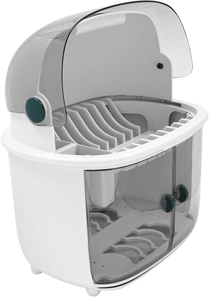 2 Tier Plastic Drying Rack for Kitchen, Dish Drying Rack, 2-Tier Kitchen Dishes Drying Rack with Draine,Lid and Utensil Holder, Storage Holder for Dishes, Bowls, Cutlery