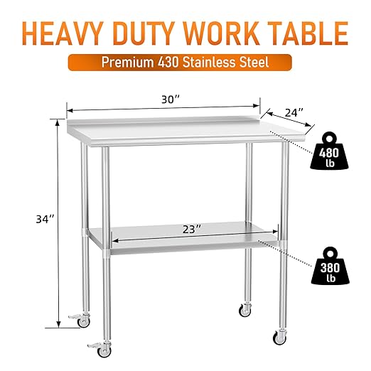 Stainless Steel Prep Table 24" X 30" with Adjustable Undershelf, Backsplash and Wheels, Commercial Metal Workstations for Kitchen, Garage, Outdoor BBQ