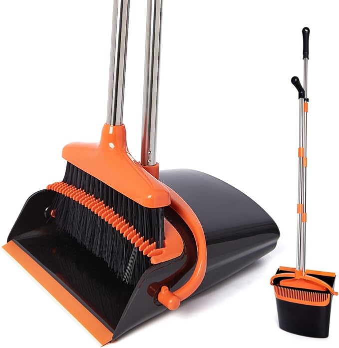 Broom and Dustpan Set, 54.72" Long Handle, Standing Dustpan, Upright Dustpan by XXFLOWER