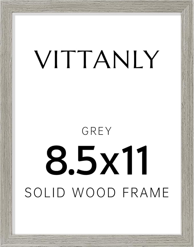 Vittanly 8.5x11 Picture Frame, Solid Wood Frame with Plexiglass, Includes 6x8 Mat, Wall Hanging or Tabletop for Photos, Home Decor, Grey, 1 Pack