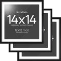 Homeforia 14x14 Black Wood Frame, High End Oak 14 x 14 Square Picture Frames with Mat 12 by 12 inches Photo, 14by14 Black Wooden Poster Frames Matted to 12x12 Print, Tempered Glass, Wall Kit, Set of 3