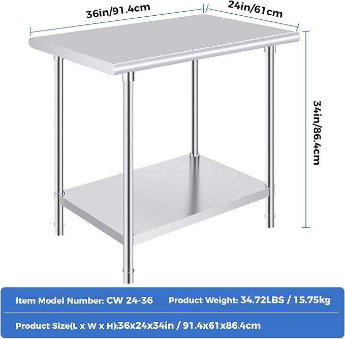 OSTBA Stainless Steel Table for Prep & Work 24x36 Inches, NSF Metal Commercial Heavy Duty Table with Adjustable Undershelf and Adjustable Foot for Restaurant Kitchen Home and Hotel