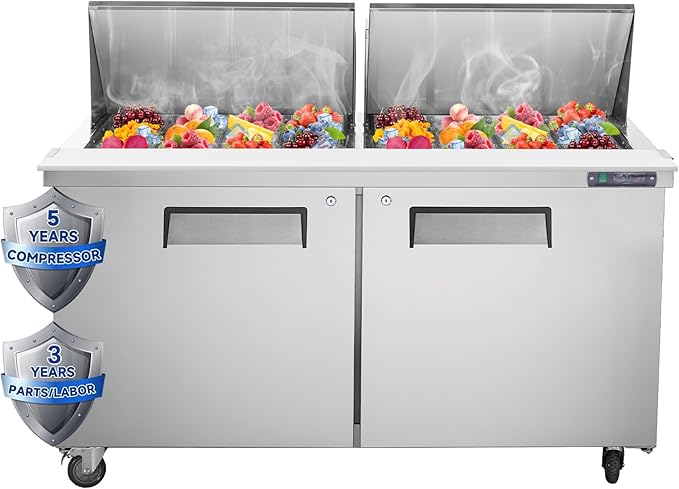 JINSONG Stainless Steel Sandwich & Salad Prep Table, Commercial Refrigerated Food Prep Station with Cutting Board & 8 Pans, 7.4 cu. ft Fridge Salad Bar for Restaurants (60''W 16.4 Cu.ft)