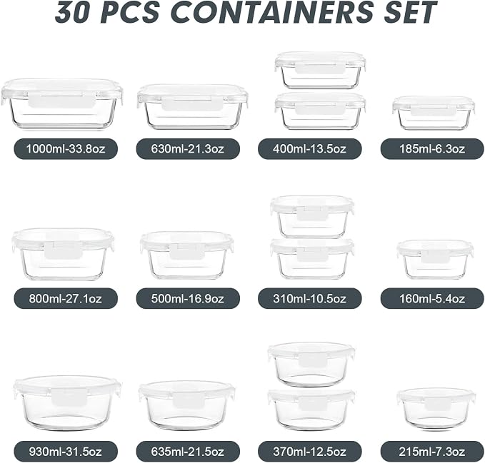VERONES 30 Pieces Glass Food Storage Containers Set - Image 2