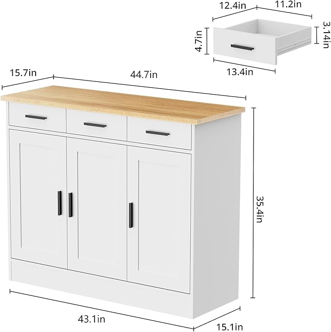 Anystyle 45" White Buffet Cabinet with Storage, Kitchen Sideboard with 3 Drawers & 3 Doors, Modern Coffee Bar Cabinet Credenza Console Table for Dining Room, Living Room, Hallway