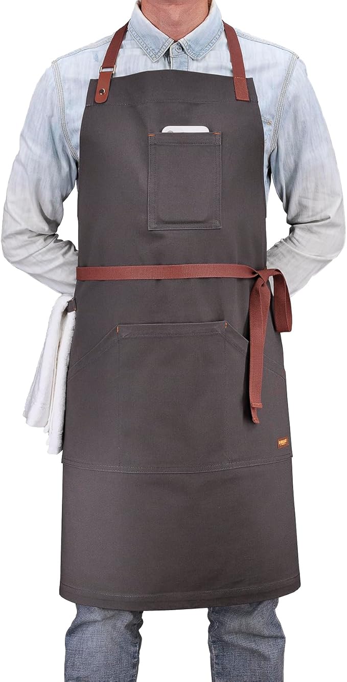 Apron with Pockets, Mens Womens Chef Bib Apron for Kitchen Cooking Grill BBQ Baking Server with Towel Loop