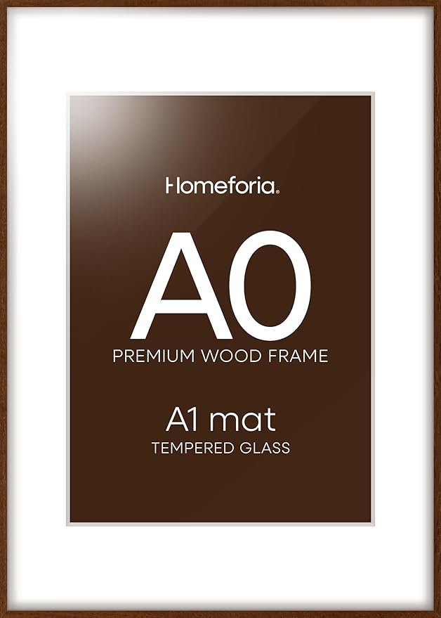 Homeforia A0 Poster Frame Brown, High End Dark Oak 33.1 x 46.8 Wooden Picture Frames Matted to 23.4 by 33.1 Photo, A0 Walnut Wood Frame with Mat A1, 33.1x46.8 Frame, Tempered Glass, Wall Kit, Set of 1