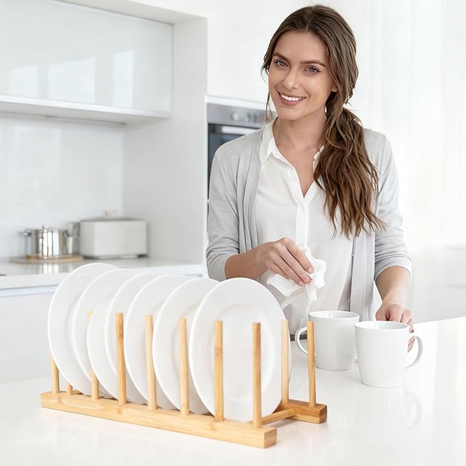 Bamboo Wooden Dish Rack for Cabinets,Plate Organizer for Cabinet Space Saver,Vertical Plate Holder for CabinetsPlates Organizer for Kitchen Cabinets Pot Cutting Board OrganizerDish Storage Rack Stand