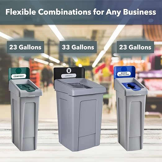 23 Gallon Mixed Recycling Bin with Hinged Lid – Slim Commercial Waste Container for Paper, Plastic, and Cans – Ideal for Offices, Cafeterias, and Schools