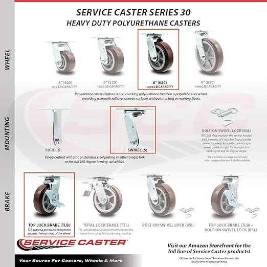 Service Caster Brand Replacement Caster for Uline Caster H-4942SWB - Swivel Top Plate Caster with 6 Inch Polyurethane Wheel and Top Lock Brake - Fits Platform, U-Boat and Panel Trucks H-6126