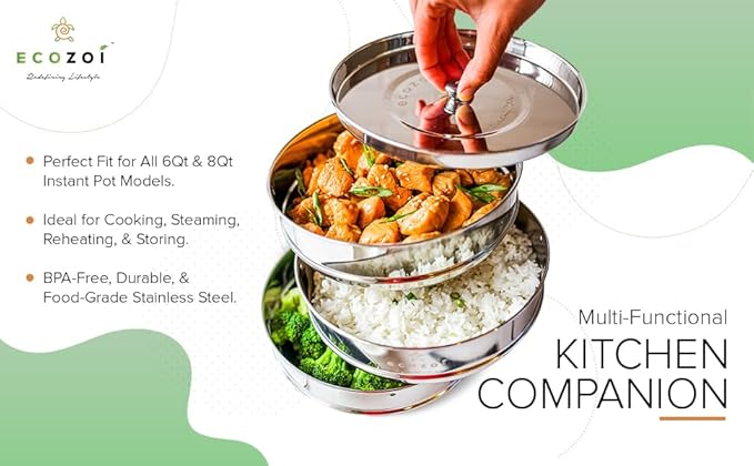ecozoi Instant Pot Stackable Insert Pans for 6 & 8 Quart, 3 Tier Steamer Insert Pans for Instant Pot Pressure Cooker, Pot in Pot for Baking, Steaming & Casseroles, 2 Interchangeable Lids and Sling