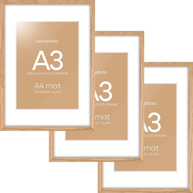 Homeforia A3 Picture Frame Wood, High-End Natural Oak 11.7 x 16.5 Wooden Poster Frames Matted to 8.3 by 11.7 Photo, A3 Size Light Wooden Frame with Mat A4 for Print, Tempered Glass, Wall Kit, Set of 3