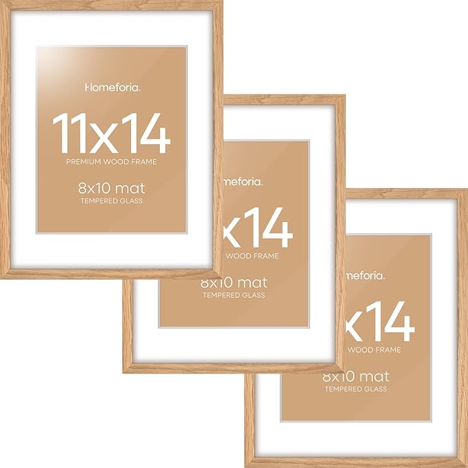 Homeforia 11x14 Picture Frame Wood, High End Natural Oak 11x14 Light Wooden Poster Frames with Mat 8x10, 11 x 14 Frames Matted to 8 x 10 Photo, 14x11 Hanging Frames, Tempered Glass, Wall Kit, Set of 3