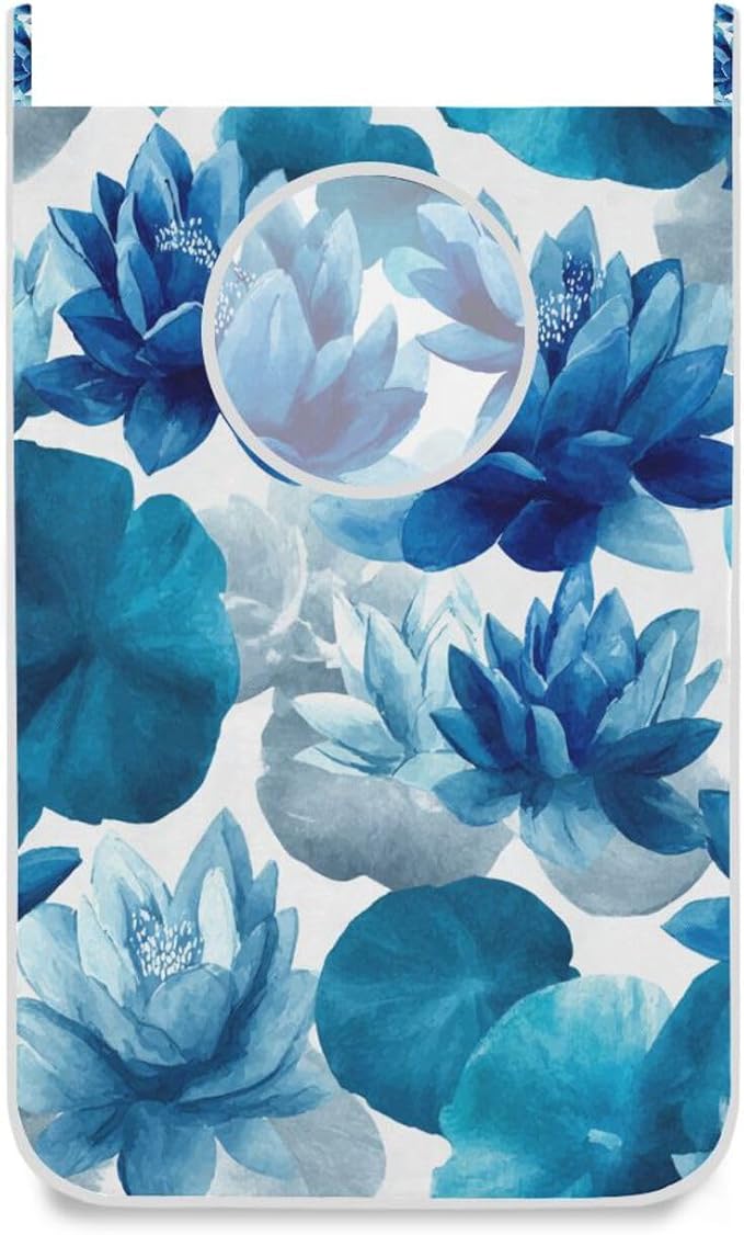 Ink Blue Lotus Flower Hanging Laundry Hamper Door Hampers Bag Basket by Tatenale