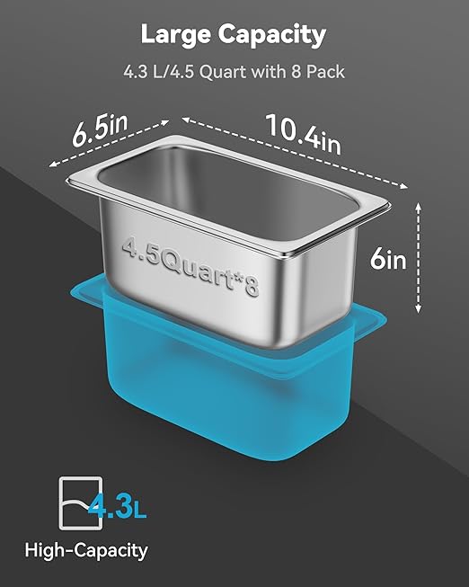 8 Pack Hotel Pans with Lids, 1/4 Size 6" Deep Stainless Steel Steam Table Pan 22 Gauge Anti Jam Commercial Catering Food Pans for Hotel, Home, Party, Restaurant, Buffet