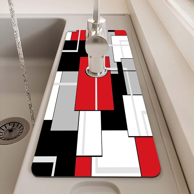 MCALK Geometric Red Kitchen Sink Faucet Mat Splash Guard, Absorbent Quick-Dry - Image 7