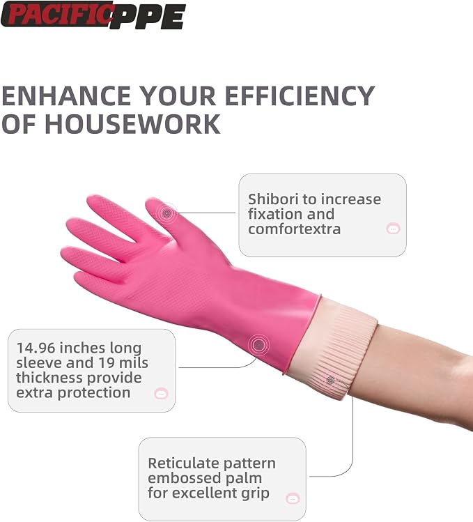 PACIFIC PPE Reusable Natural Latex Dishwashing Cleaning Gloves, 2 Pairs | - Image 3
