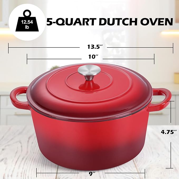 TeamFar 5Qt Dutch Oven, Enameled Cast Iron Dutch Oven with Lid & Dual Handles for Cooking Baking Braising Simmering, Healthy & Sturdy, Oven & Various Stovetops Safe, Non-stick & Easy Clean - Red