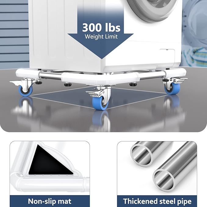 SPACECARE Mini Fridge Stand Mobile Roller, Adjustable Furniture Dolly with 4 Locking Wheels, Heavy Duty Washing Machine Base, Universal Appliance Pedestal for Dryer and Refrigerator- White