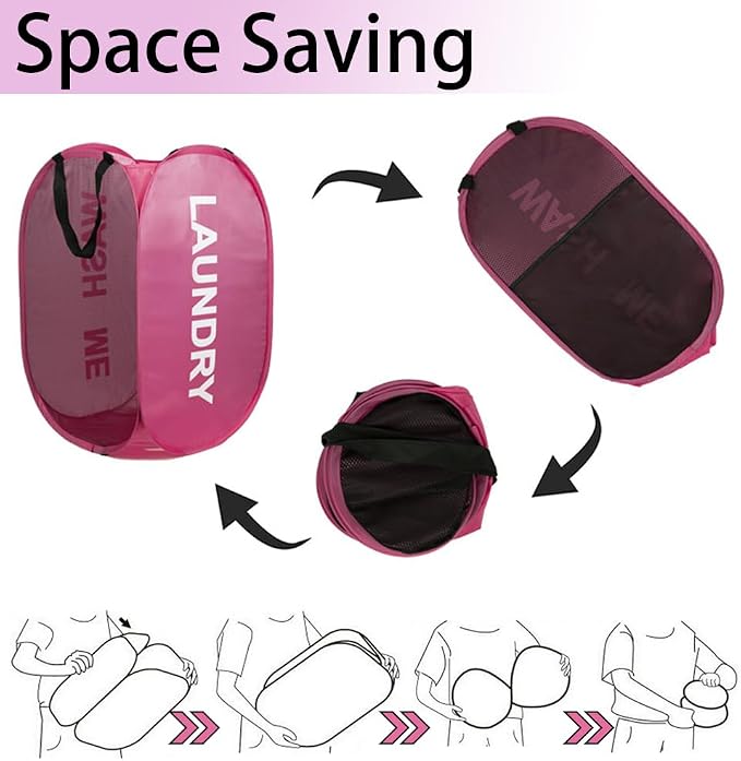 2 Pack Mesh Pop Up Laundry Hamper Collapsible Laundry Basket Pink Dirty Clothes - Image 3