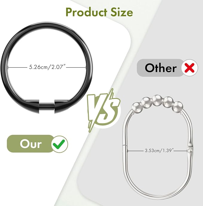 Amazer Black Shower Curtain Hooks Rings, O Shape Plastic Shower Curtain Hooks - Image 2