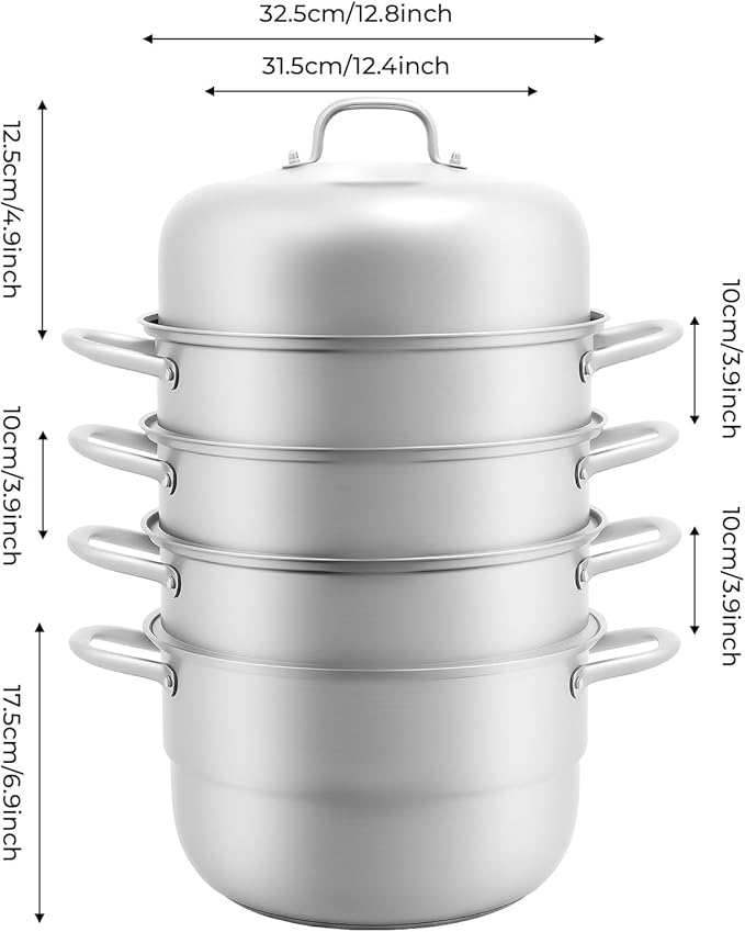 5-Tier Food Steamer Pot for Cooking, 2.38 Gal Stainless Steel Steamer Pot with Lid, Stackable Steaming Pots Steam Cooker Cookware for Dumpling Seafood, Compatible with Gas Stove (12.8 Diameter)